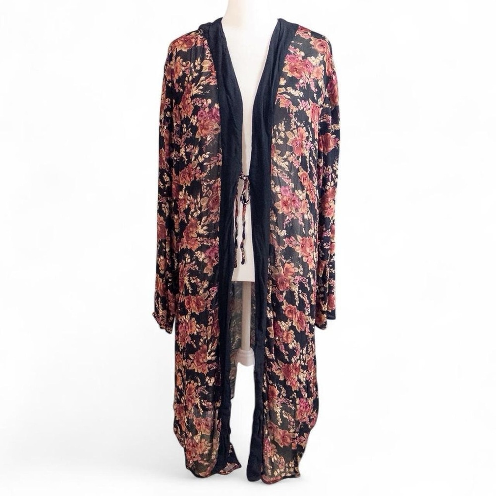 Vintage Paradise Plus Floral Sequin Cover Up 1X Black Red Boho Kimono